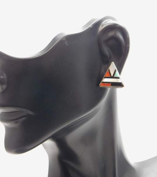 Southwestern 925 Inlay Onyx, Turquoise, Coral & Mother Of Pearl Triangle Stud Earrings 2.3g image number 3