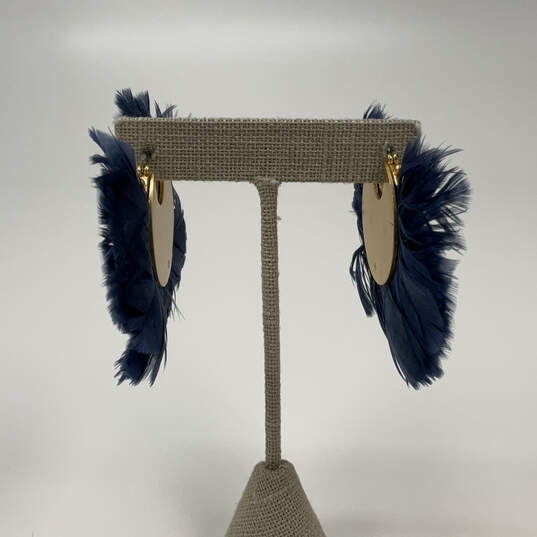 Designer Kate Spade Gold-Tone Blue Feather Fashion Post Back Hoop Earrings image number 1