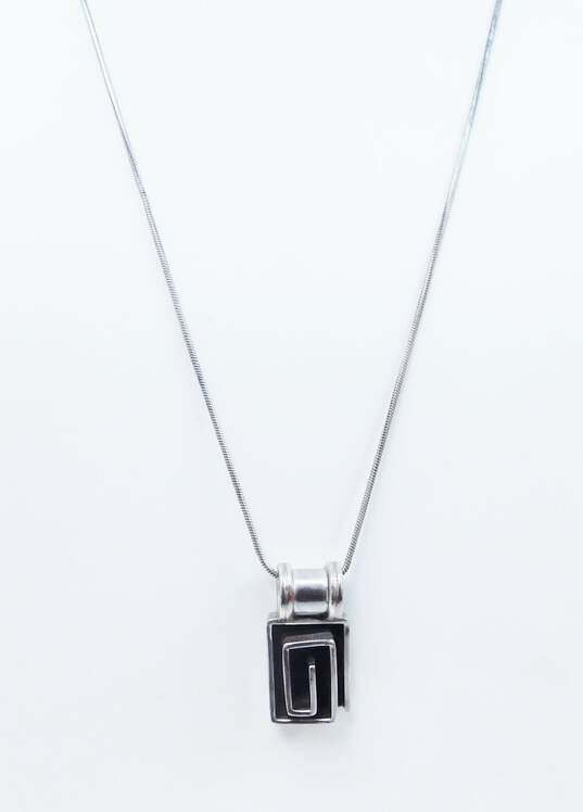 Taxco Mexico Artisan 925 Sterling Silver Modernist Square Cutout Pendant Necklace Tear Drop Stud Earrings 34.8g image number 2