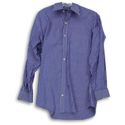 Mens Blue White Striped Long Sleeve Collared Pocket Dress Shirt Size 32/33