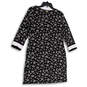 Womens Black White Floral Round Neck Long Sleeve Knee Length Shift Dress M image number 2