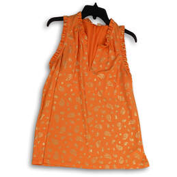 Women Orange Gold Ruffle Paisley Sleeveless Split Neck Blouse Top Size XL