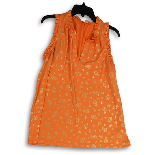 Women Orange Gold Ruffle Paisley Sleeveless Split Neck Blouse Top Size XL image number 1