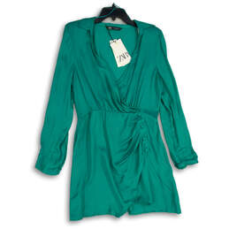 NWT Womens Green Satin Surplice Neck Long Sleeve Short Mini Dress Size L
