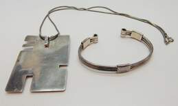 925 Original By Elaine Abstract Pendant Necklace & 3 Row Cuff Bracelet 45.7g