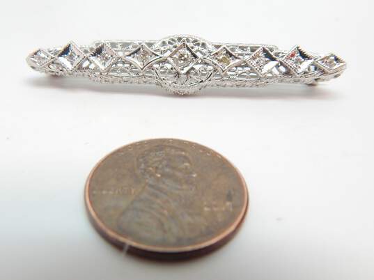 Antique Art Deco 14K White Gold 0.25 CTTW Diamond Filigree Bar Brooch 4.2g image number 4