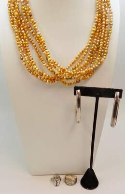 Artisan Sterling Silver Dyed Pearl Multi Strand Necklace Oblong Hoop Earrings & Rings 114.4g