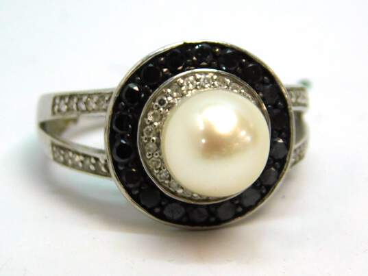 10K White Gold 0.64 CTTW Black & White Diamond Cultured Pearl Ring 5.2g image number 4