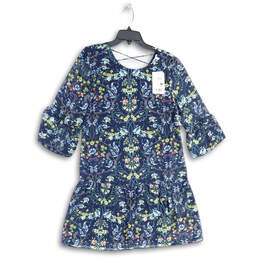 NWT Womens Blue Floral Bell Sleeve Round Neck A-Line Dress Size Small