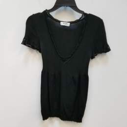 Womens Black Cotton Blend V-Neck Short Sleeve Pullover Blouse Top XXS