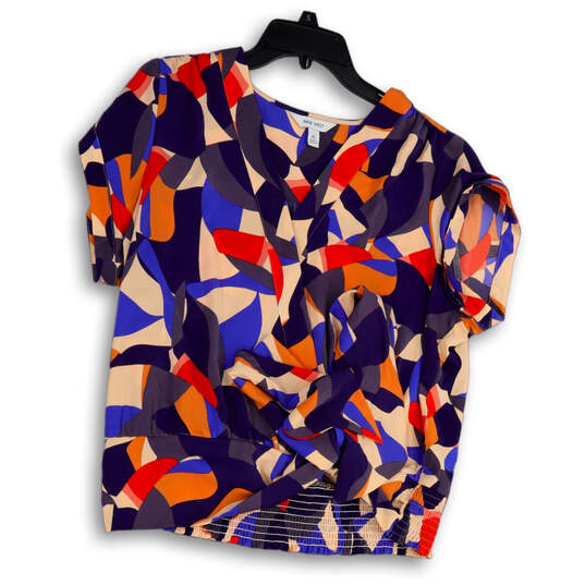 Womens Multicolor Geometric Short Sleeve V-Neck Tie Waist Blouse Top Sz XL image number 1