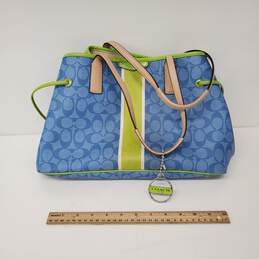 Coach Signature Logo Blue & Lime Green Drawstring Leather Carry All Bag