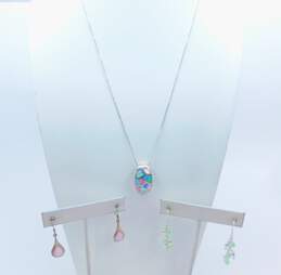 Artisan 925 Sterling Silver Multi Color Glass Pendant Necklace Green Crystal & Pink Glass Drop Earrings 14.5g