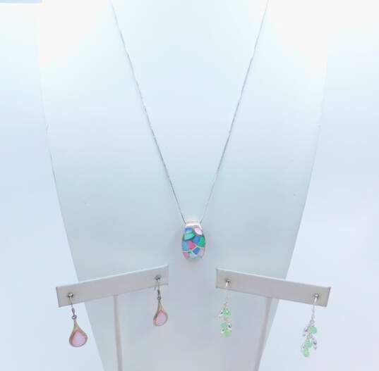 Artisan 925 Sterling Silver Multi Color Glass Pendant Necklace Green Crystal & Pink Glass Drop Earrings 14.5g image number 1