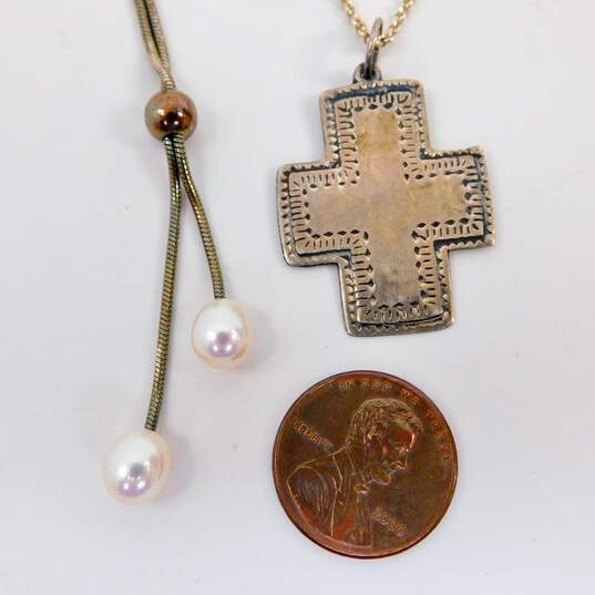 Rustic 925 White Pearls Lariat Snake Chain & Stamped Cross Pendant Necklaces & Drop Earrings 14.2g image number 6