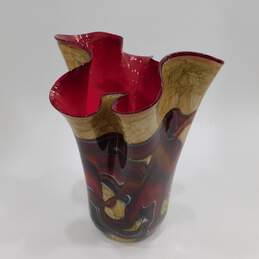Patterned Beige Red Brown Art Glass Ruffle Vase Handmade In Poland alternative image