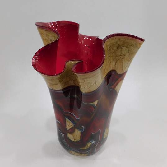 Patterned Beige Red Brown Art Glass Ruffle Vase Handmade In Poland image number 2