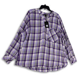 NWT Womens Purple Gray Plaid Long Sleeve Pocket Button Front Blouse Size 26