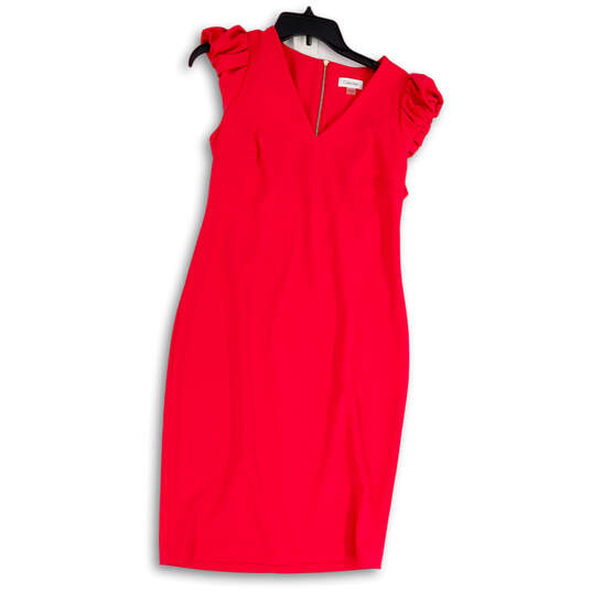Womens Pink Short Puff Sleeve V-Neck Back Zip Sheath Dress Size 8 image number 4