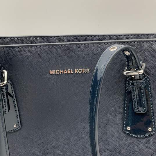 Michael Kors Womens Navy Blue Leather Pockets Bottom Stud Double Strap Tote Bag image number 5