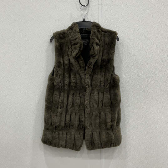 Womens Gray Sleeveless Band Collar Mid-Length Faux Fur Vest Size Small image number 1