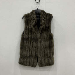 Womens Gray Sleeveless Band Collar Mid-Length Faux Fur Vest Size Small