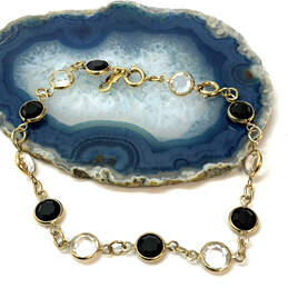 Designer Swarovski Gold-Tone Black Clear Bezel Crystal Link Chain Bracelet