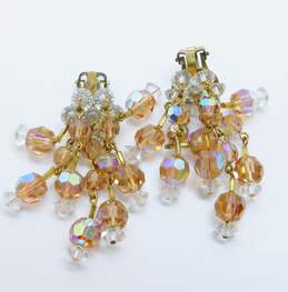 Vintage Goldtone Aurora Borealis Champagne & Clear Crystals Beaded Dangle Clip On Earrings 22.7g