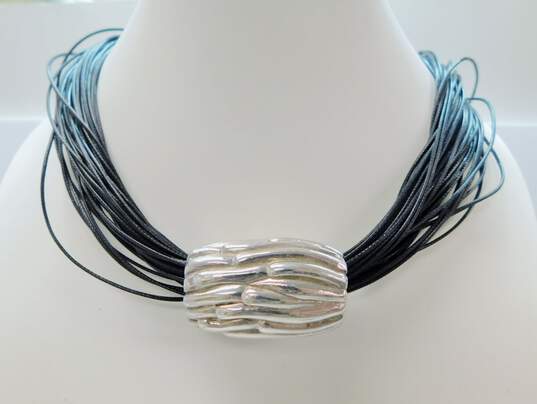 Simon Sebag Designs 925 Modernist Electroform Abstract Tube Pendant Multi Strand Black Cord Necklace 51.7g image number 1