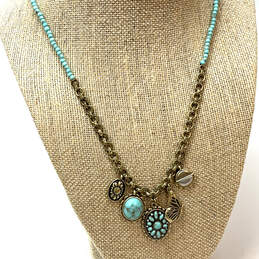 Designer Lucky Brand Gold-Tone Link Chain Turquoise Beaded Charm Necklace