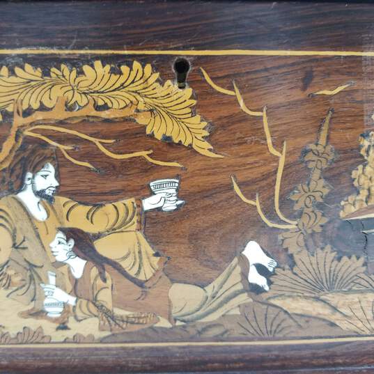 Marquetry inlay  Wood Box Indian Motif  Vintage Decorative Box image number 11