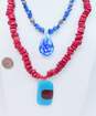 Artisan Dyed Coral & Faux Lapis Art Glass Pendant Necklaces image number 4
