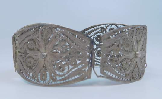Vintage Mexico 925 Spun Silver Scrolled Flower Filigree Wide Paneled Bracelet For Repair 26.8g image number 3