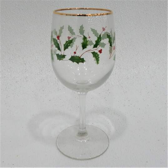Lenox Holiday Goblet Set Of 4 Holly Leaf Berry Print Wine Glasses IOB Gold Rim image number 6