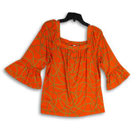 Womens Orange Yellow Chain Print Square Neck Bell Sleeve Blouse Top Size S
