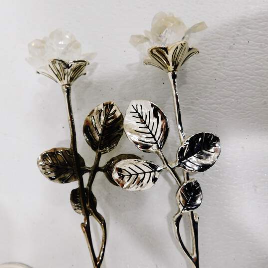 Pair of Godinger Crystal Petal Silverplate Roses w/ Trumpet Vase image number 5