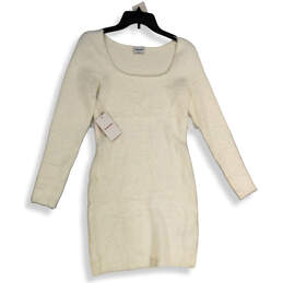 NWT Womens White Fuzzy Knit Long Sleeve Square Neck Sweater Dress Size L