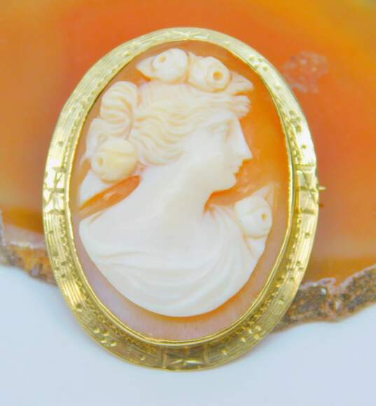 Antique 10K Yellow Gold Carved Shell Cameo Brooch 4.4g image number 2