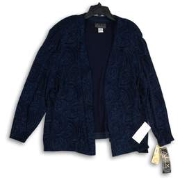 NWT Alex Evenings Womens Blue Printed Long Sleeve Open Front Jacket Size 24