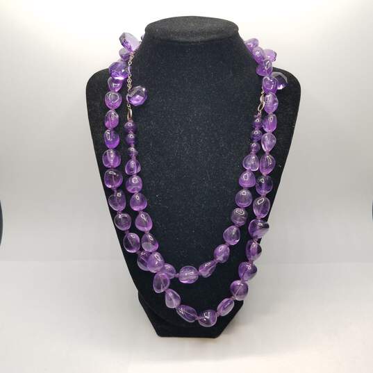 Sterling Silver Amethyst Faceted & Smooth Stones - Unique 44in Necklace 148.3g image number 1