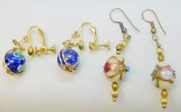 Artisan Goldtone Faux Cloisonne Floral & Dichroic Art Glass Beaded Drop Earrings 15.8g