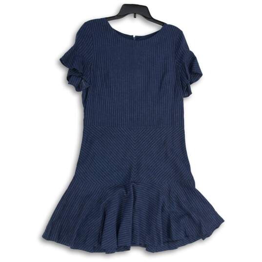 Womens Blue Striped Back-Zip Round Neck Ruffle Mini Dress Size 14 image number 1