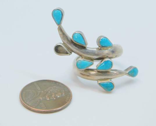DDD Dominique Dinouart Mexico 925 Southwestern Turquoise Inlay Leaves Bypass Ring 9.4g image number 4