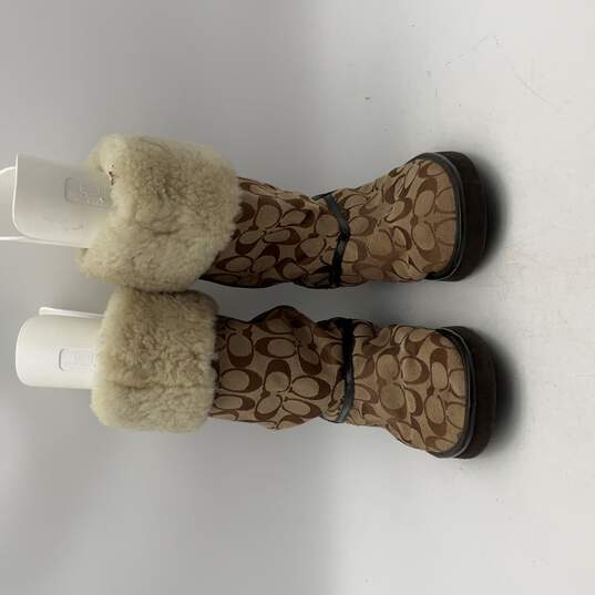 Coach Womens Beige Brown Monogram Fur Trim Ankle Slip-On Winter Boots Size 8 image number 3