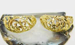 14K Yellow Gold Etched Floral Leafy Half Hoop Post Earrings 4.7g