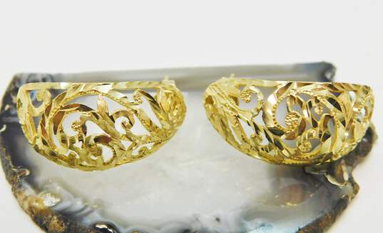 14K Yellow Gold Etched Floral Leafy Half Hoop Post Earrings 4.7g image number 1