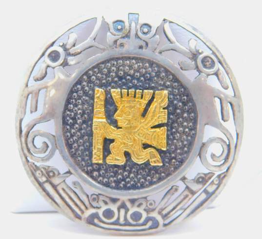 Artisan 925 Sterling Silver & 18k Yellow Gold Peruvian Etched Brooch Pin 11.9g image number 3