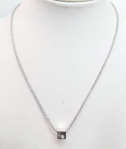 Vintage Crown Trifari Silver Tone Minimalist Rhinestone Cube Pendant on Box Chain Necklace 8.7g