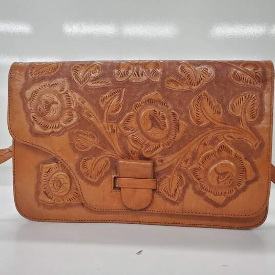 Hand Tooled Brown Leather Calla Lilly Crossbody Bag image number 2