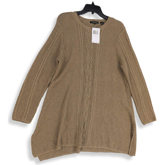 NWT Womens Tan Knitted Long Sleeve Side Slit Pullover Sweater Size 1X image number 1